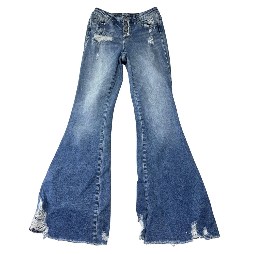 Flying Monkey High Rise Flare Jeans Womens 25 Blue Distressed Y4016S Button Fly